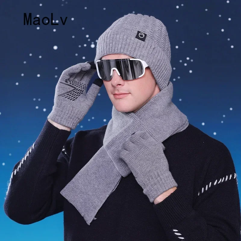 3pcs Winter Men Wool Hat Scarf Gloves Set Russia Knitted Hat Outdoor Warmer Windproof Ear Protection Beanies Cap  Gorras