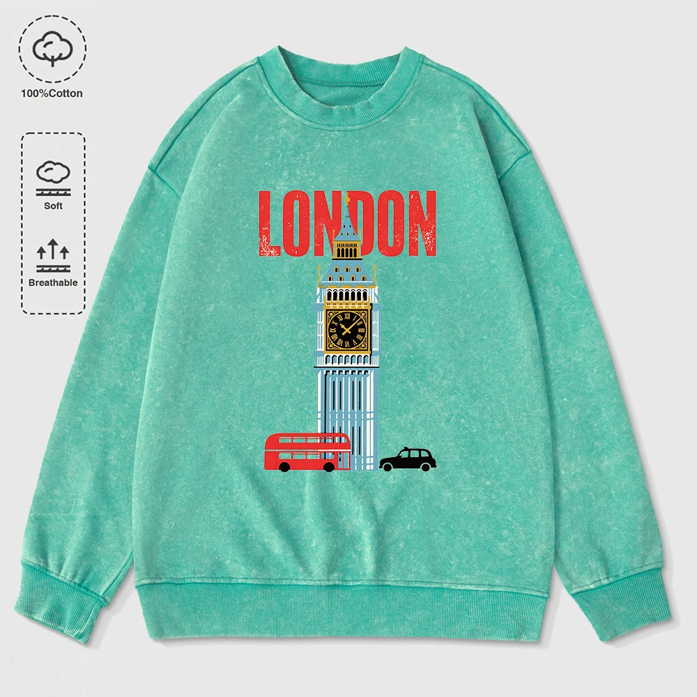 

London Big Ben Prints Washed Sweatshirts Womens Cotton Hoodies Street Oversized Warm Pullover Casual Crewneck Womans Clothes
