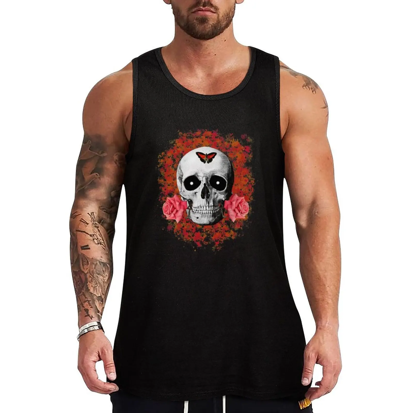 Skull, roses and butterfly, gothic horror and gothic fantasy II Tank Top Workout Athletic Tank Top Breathable Sleeveless Wear