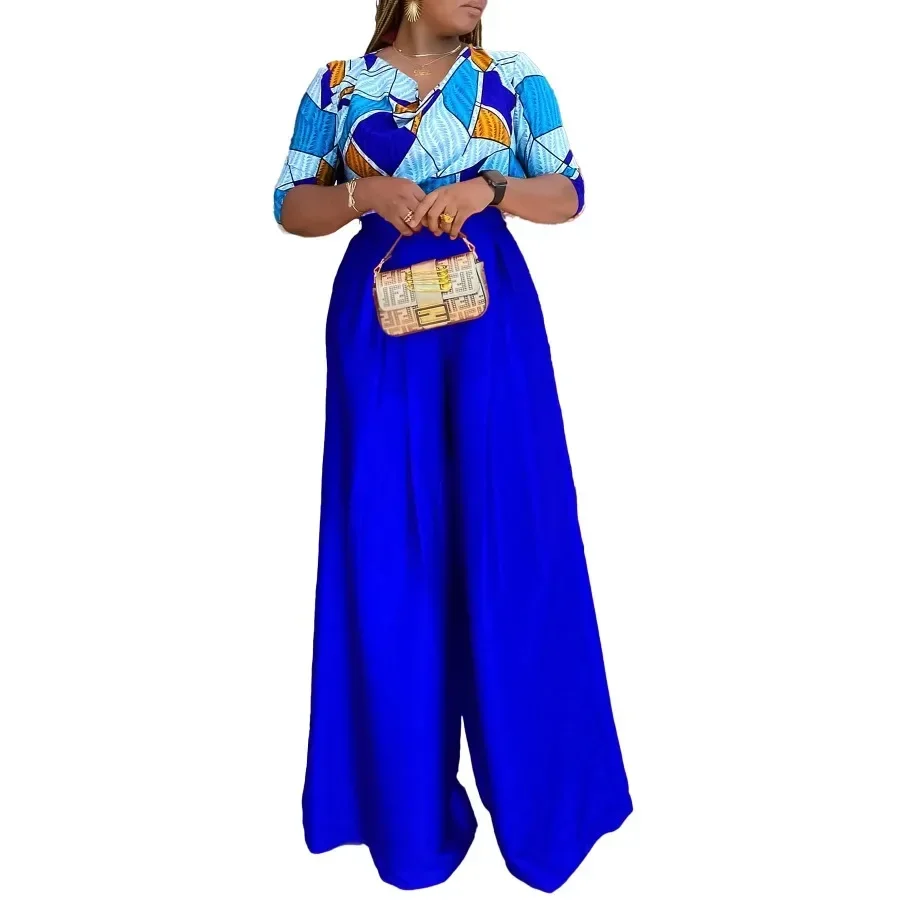 2024 أحمر أزرق 2 قطعة الملابس الأفريقية للنساء الصيف أفريقيا نصف كم البوليستر طباعة أعلى بانت مطابقة مجموعات أفريقيا الملابس