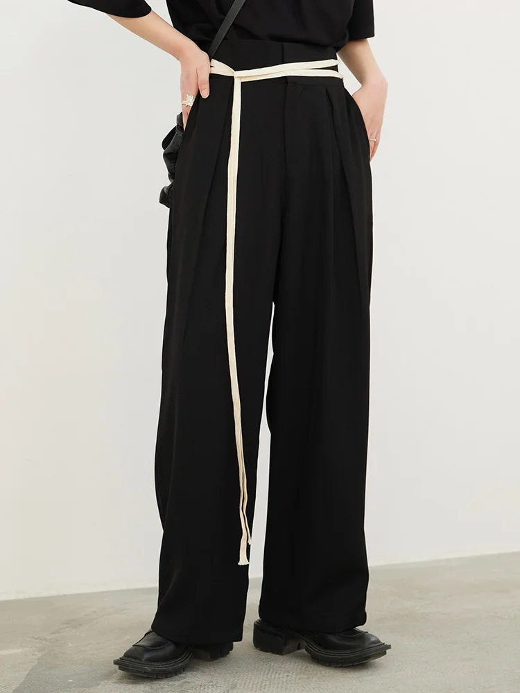 [EAM] High Waist Black Bandage Color-block Long Wide Leg Pants New Loose Fit Trousers Women Fashion Spring Autumn 2024 1DF3665