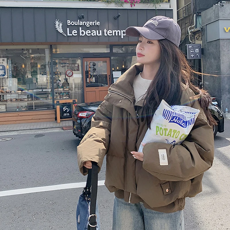 Giacca invernale imbottita in cotone Donna Coreano Streetwear Parka in cotone con risvolto versatile 2025 Cappotto in cotone con zip a maniche lunghe allentato chic