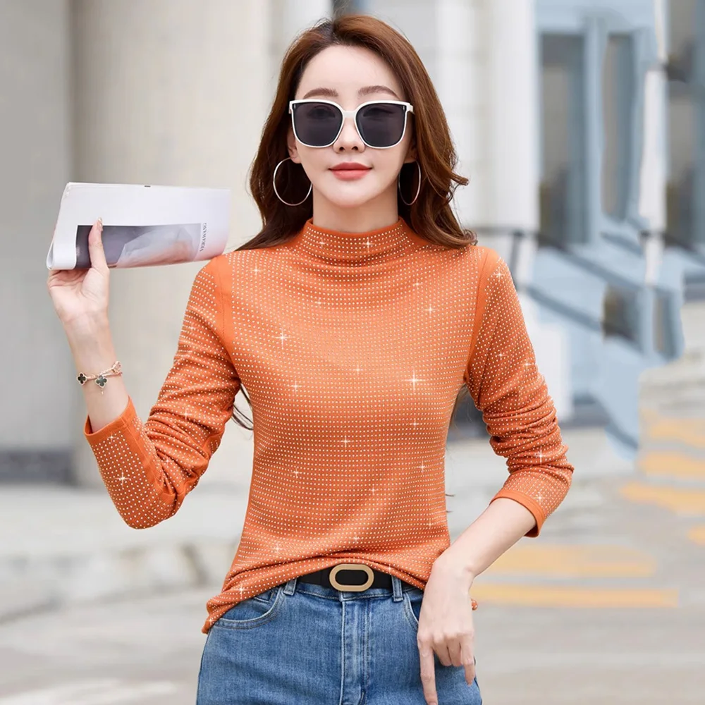 New Women Half High Collar Bottomming Shirt Autumn Winter Fashion Diamonds Decoration Long Sleeve Slim T-shirt Tops Orange