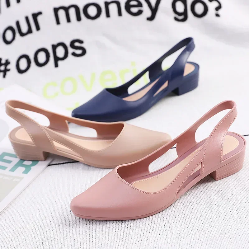 202 New Jelly Sandals Women Pointed Toe Chunky Med High Heels Flip Flops Slingback Casual Candy Skidproof Beach Shoes for Women