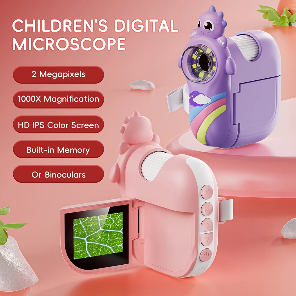 Microscope Camera 2 Inch HD Screen with LED Light For Taking Photo/Video 1000X Observe Outdoor Tool Portable Microscope for Kids