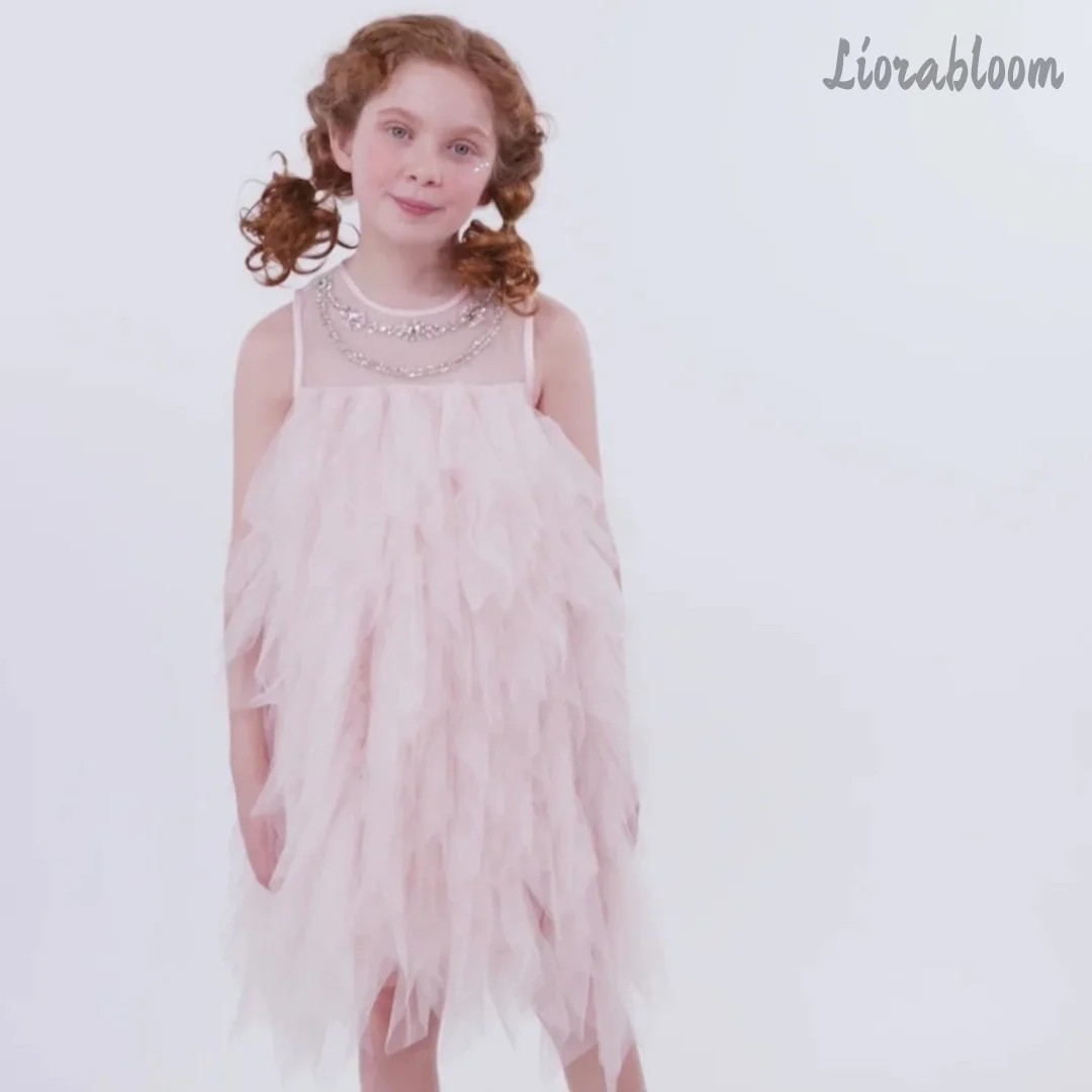 Abito da damigella in tulle stile principessa per bambina, personalizzabile, multicolore, lungo, con spalle scoperte, per matrimonio