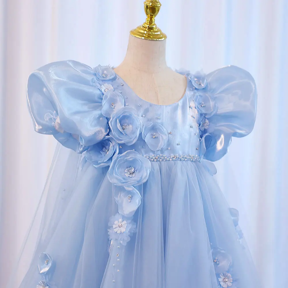 Dreamy Vow-vestidos de niña de flores árabes, azul cielo, cristal con capa, flores 3D, mangas abullonadas para niños, boda, fiesta de cumpleaños, J098