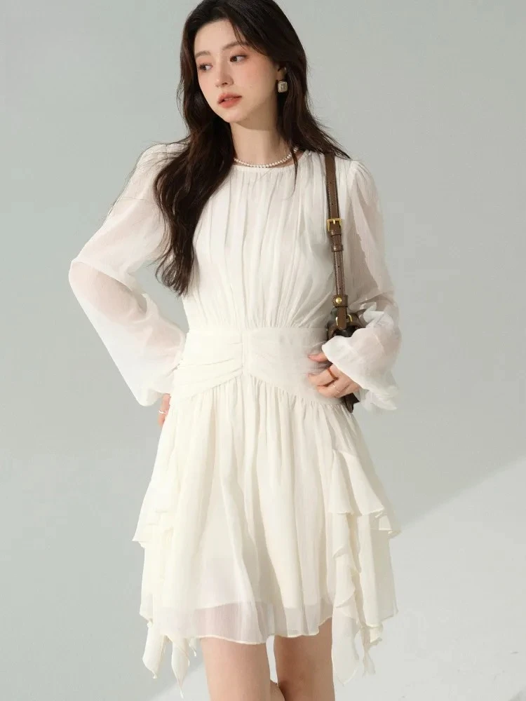 Gaun Midi Chiffon Lengan Panjang Elegan, Lembut, dan Bergaya dengan Desain Ruffle Prancis, Pinggang Ramping, dan Potongan Feminin untuk Wanita