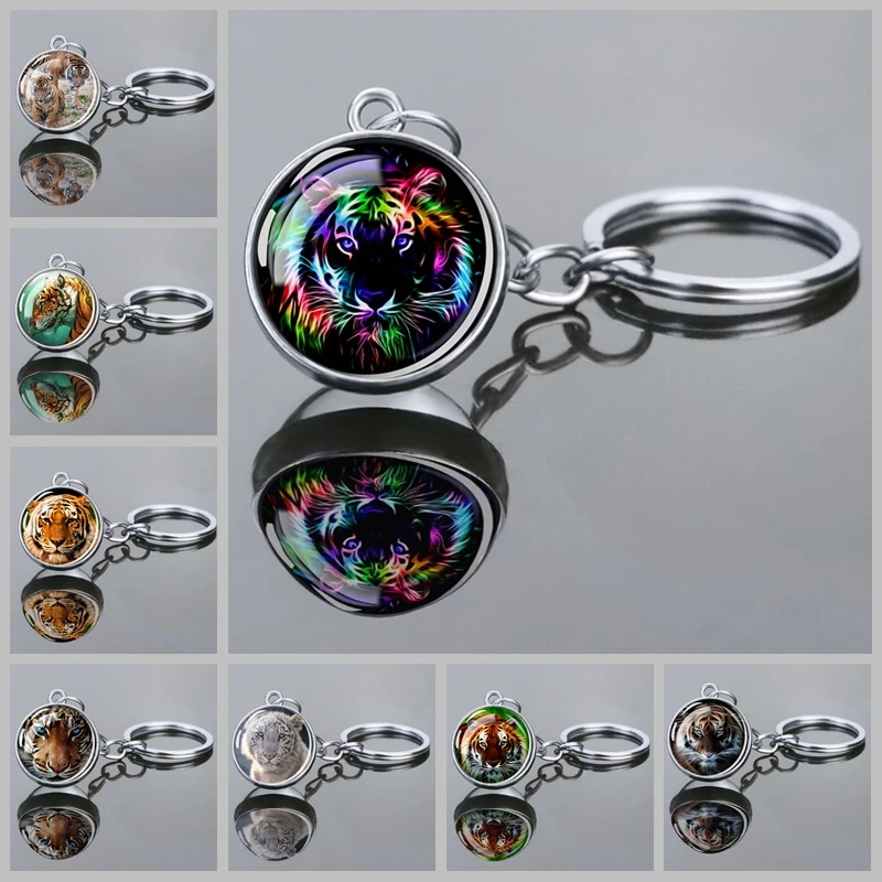 Tiger key ring Sphere Crystal Ball Glass Handmade Double Side Glass Ball Pendant Jewelry gift for men and friend jeep keychain