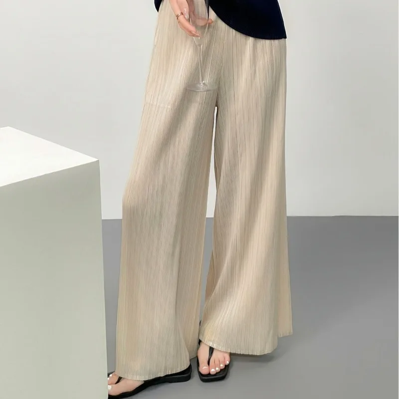 Miyake Pleated Wide-Leg Pants 2026 Autumn New Simple Casual Fashion Elastic Waist Side Slit Draped Women's Straight Pants