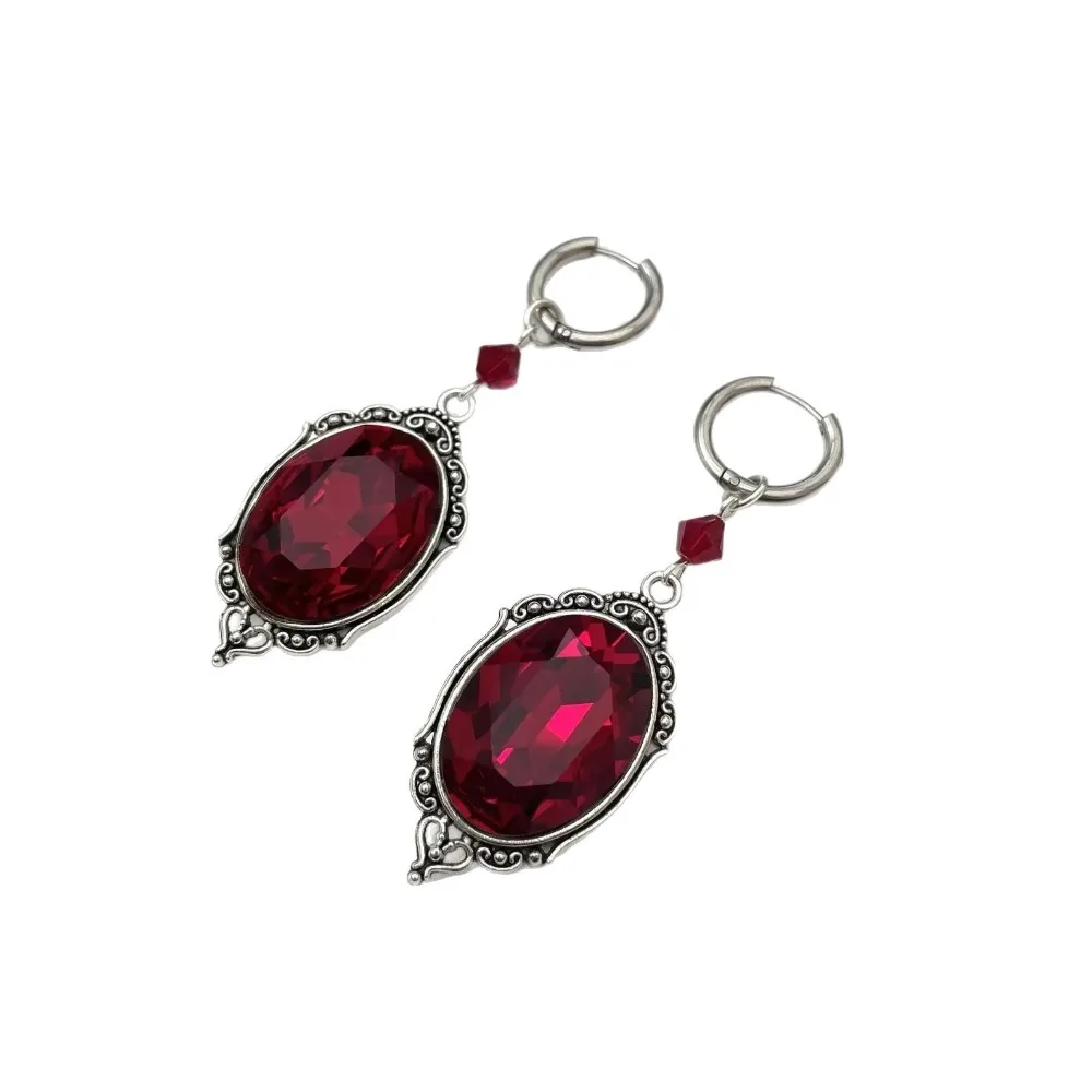Victorian Gothic Geometry Multi-faceted Oval Black Red Crystal Hoop Earrings for Women Halloween Charm Jewelry Accessories Gift view 6