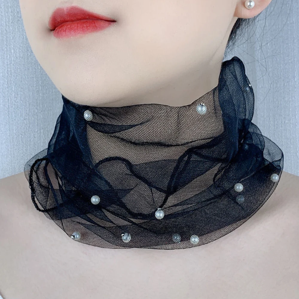 Spring Summer Scarves Sun Protection Fake Pearl Pendant Neck Collar Elegant Women Mesh Scarf Female Elastic Small Scarf Headband