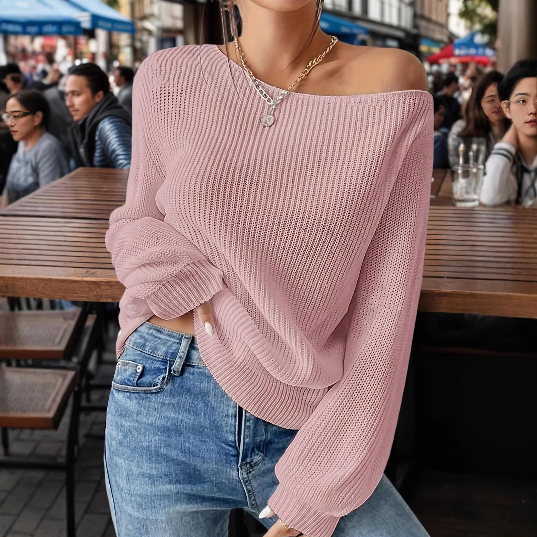 Commuter Style Autumn Winter Off-the-shoulder Pullover Knitted Solid Color Loose Casual Pullover One-word Shoulder Sweater