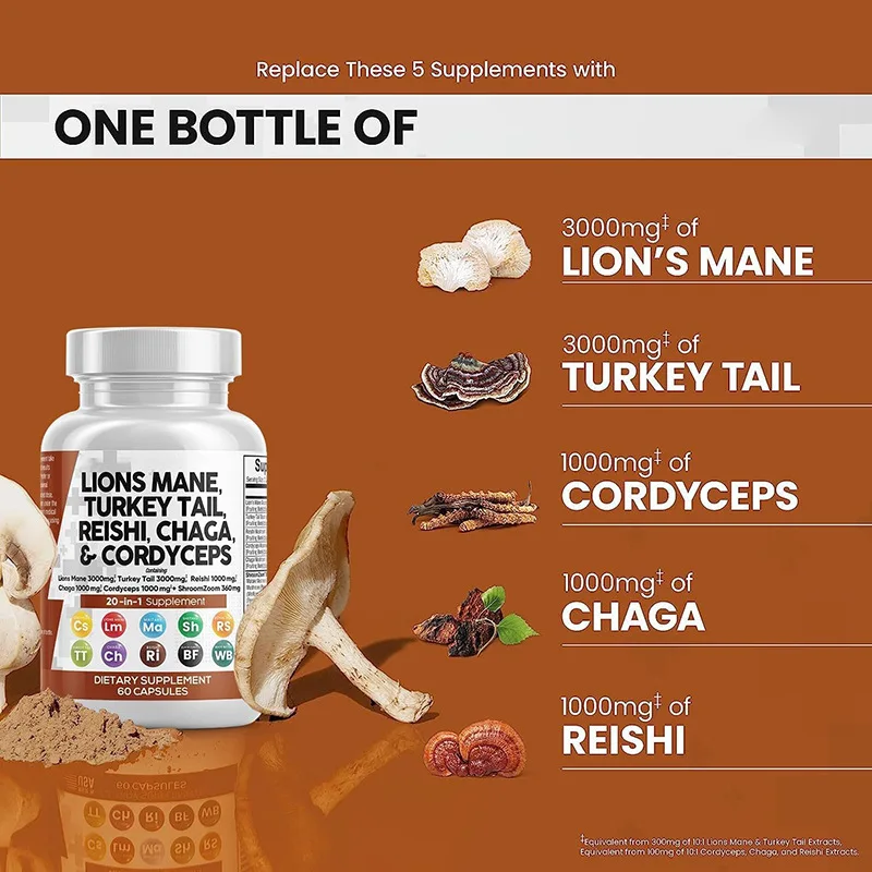 Lions Mane 3000mg 20in1 Mushroom Men Supplement with Turkey Tail 2000mg Reishi 1000mg Cordyceps Chaga 1000mg Maitake Meshima