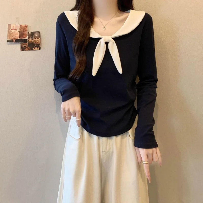 Autumn and Winter New Navy Collar Right Shoulder Long-sleeved T-shirt for Women College Age-reducing Waist-slimming Top