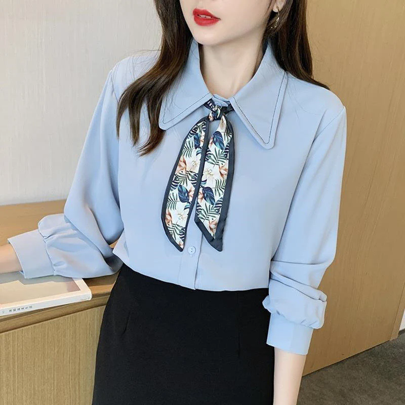 Frühling Herbst Frauen Elegante Satin Taste Lange Hülse Arbeit Tragen Shirts Koreanische Stil Chic Bogen Weiß Blau Bluse Top Blusas mujer