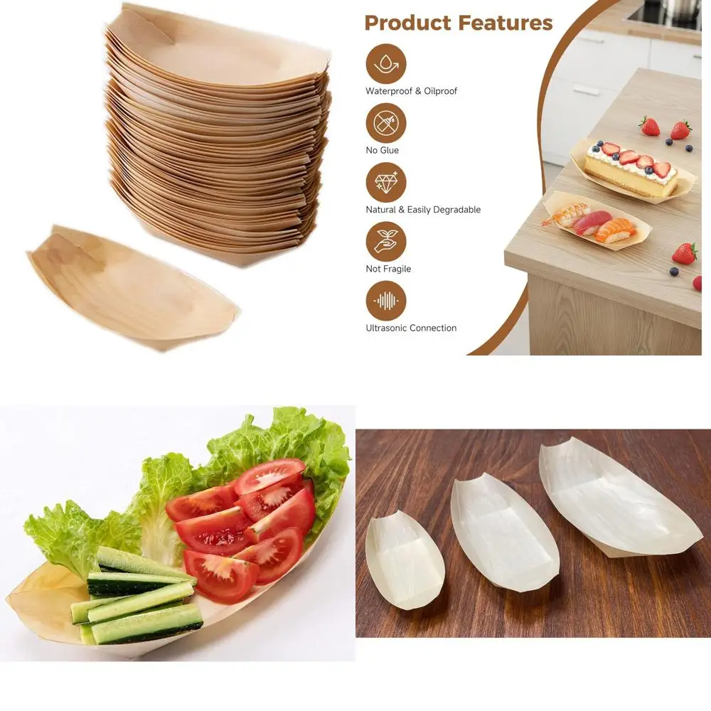 

Одноразовые деревянные тарелки в форме лодки, 300 шт., длина 8, ширина × 3,9 × высота 0,8, экологически чистая одноразовая посуда