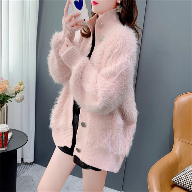 Gidyq Fashion Women Cardigan Sweater Korean All Match Hairy Loose Knitted Coats Female Casual Big Button Warm Jacket Winter New