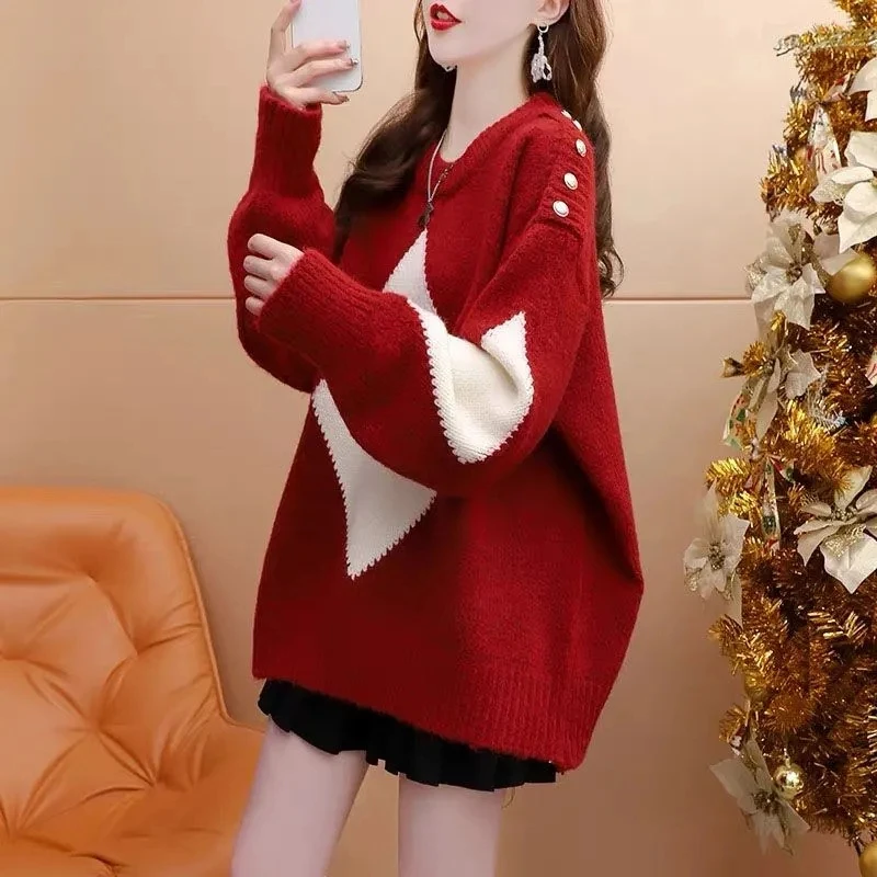 2023 Autumn Winter New Mid Length Fashion Women's Pullover Sweater Korean Loose O-Neck Red Female Sweater Knitted Jumper Fullr