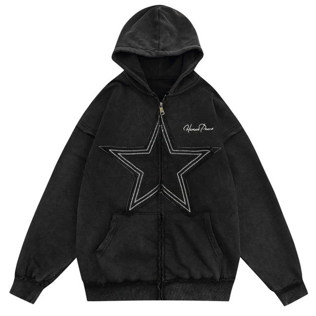 Vintage Washable Hoodie Sweatshirt Y2k Hip hop Embroidered Star Patch Double Zipper Hooded Harajuku Punk Gothic Coat Hoodies Sweatshirts AliExpress