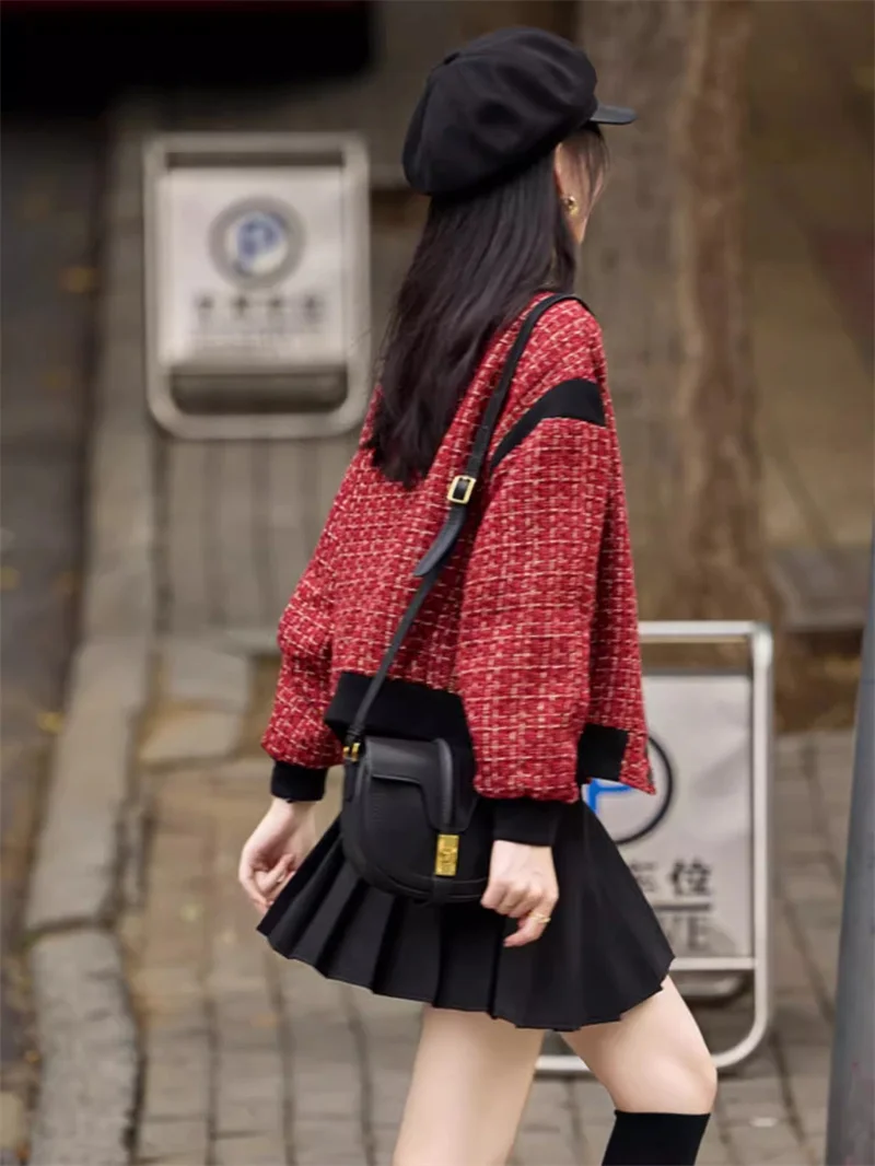 Women Chic Tweed Baseball Bomber Jacket Color Block Contrast Design Rib Trim Loose Fit Preppy Elegant Tweed Outerwear for Fall