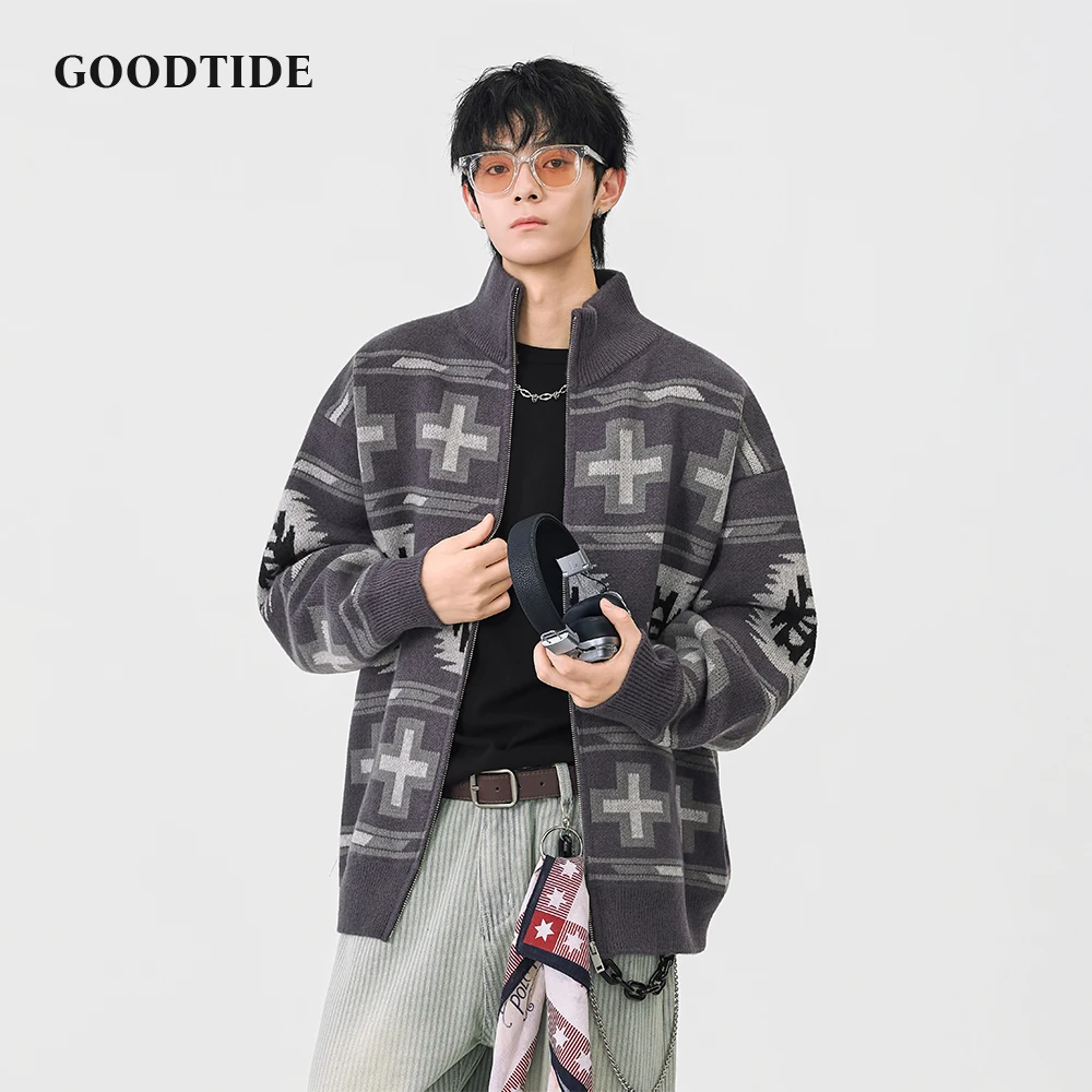 

Fashion Men's Casual Full Zip Mock Neck Cardigan 2025 Winter New Geometric Pattern Knitted Jacket Soft Long Sleeve Outerwear Top