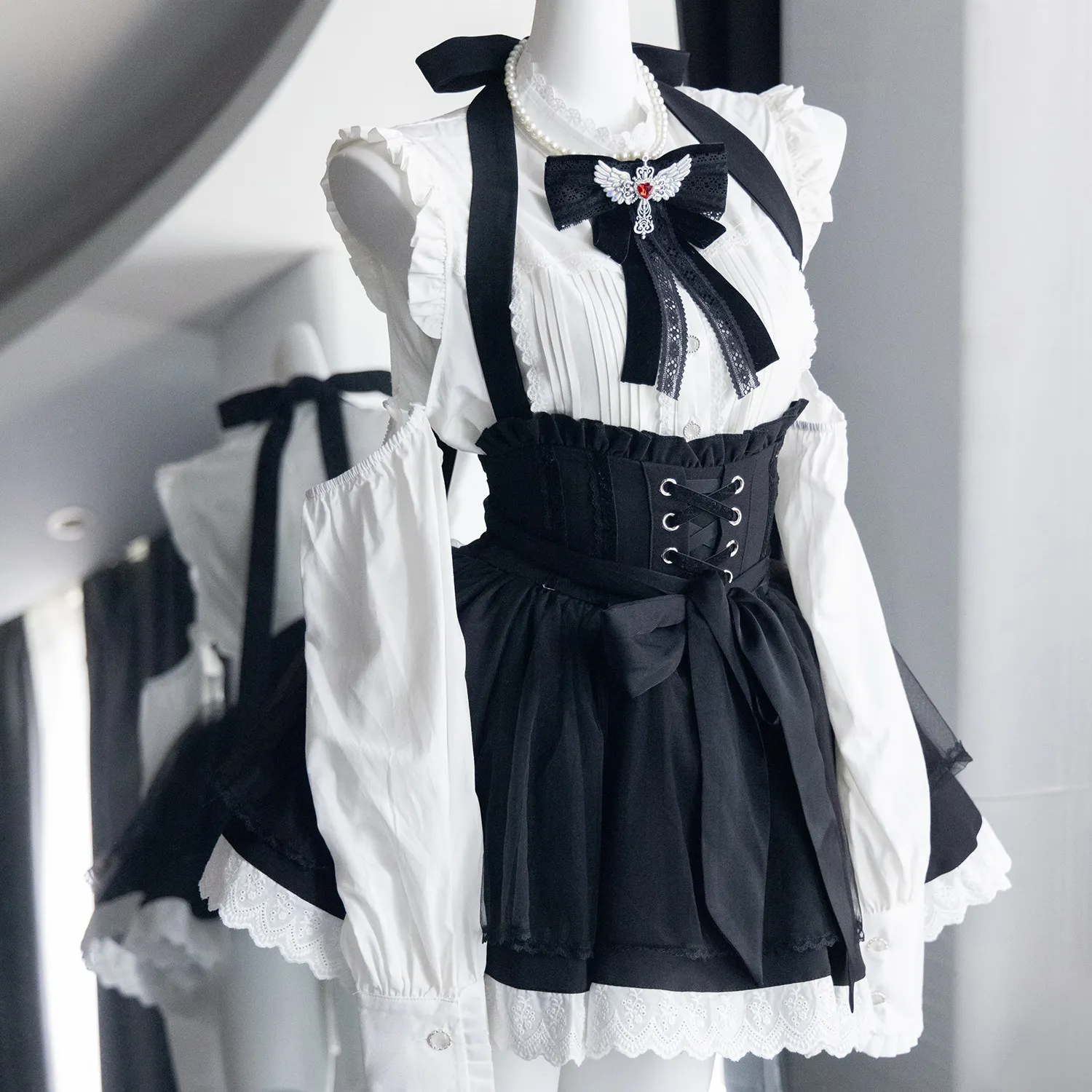 

Cat Ear Nun Maid Dress Women's Gothic Lolita Cosplay Costume with Lace Trim High Waist Skirt Halloween Party Nun Maid Cosplay