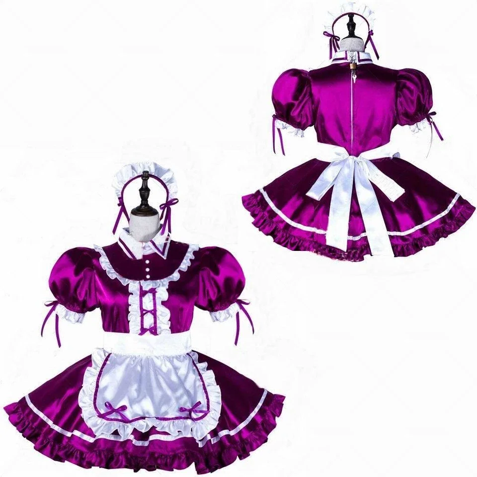 

Sexy sissy purple satin lockable dress, cute maid customization, multi-color dress, role-playing, adult customization