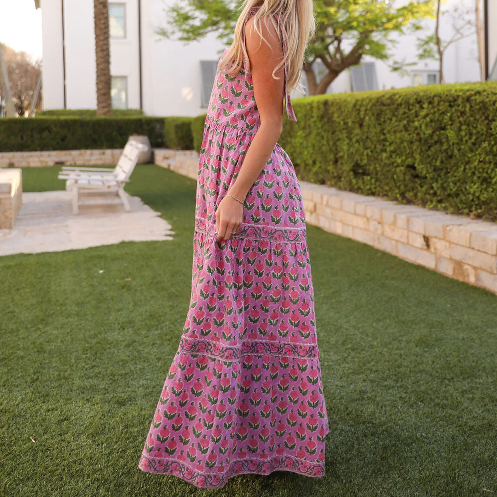 หวานผู้หญิงฤดูร้อนชุด Cami ยาวสีม่วงแขนกุดดอกไม้พิมพ์สปาเก็ตตี้ชุดคุณภาพระดับพรีเมียม Vestidos