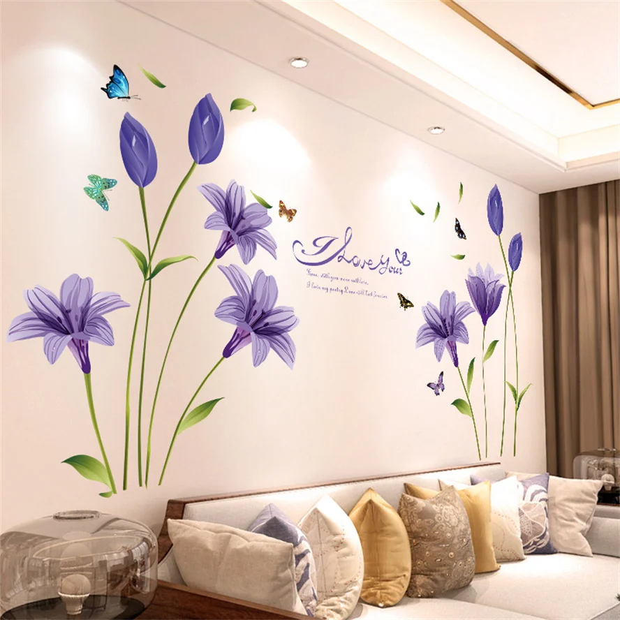 Autocollants muraux décoratifs pour salon, lavande violette, bricolage, fleurs autocollantes, papillons, décalcomanies murales, murale, décoration de chambre à coucher, décoration de la maison