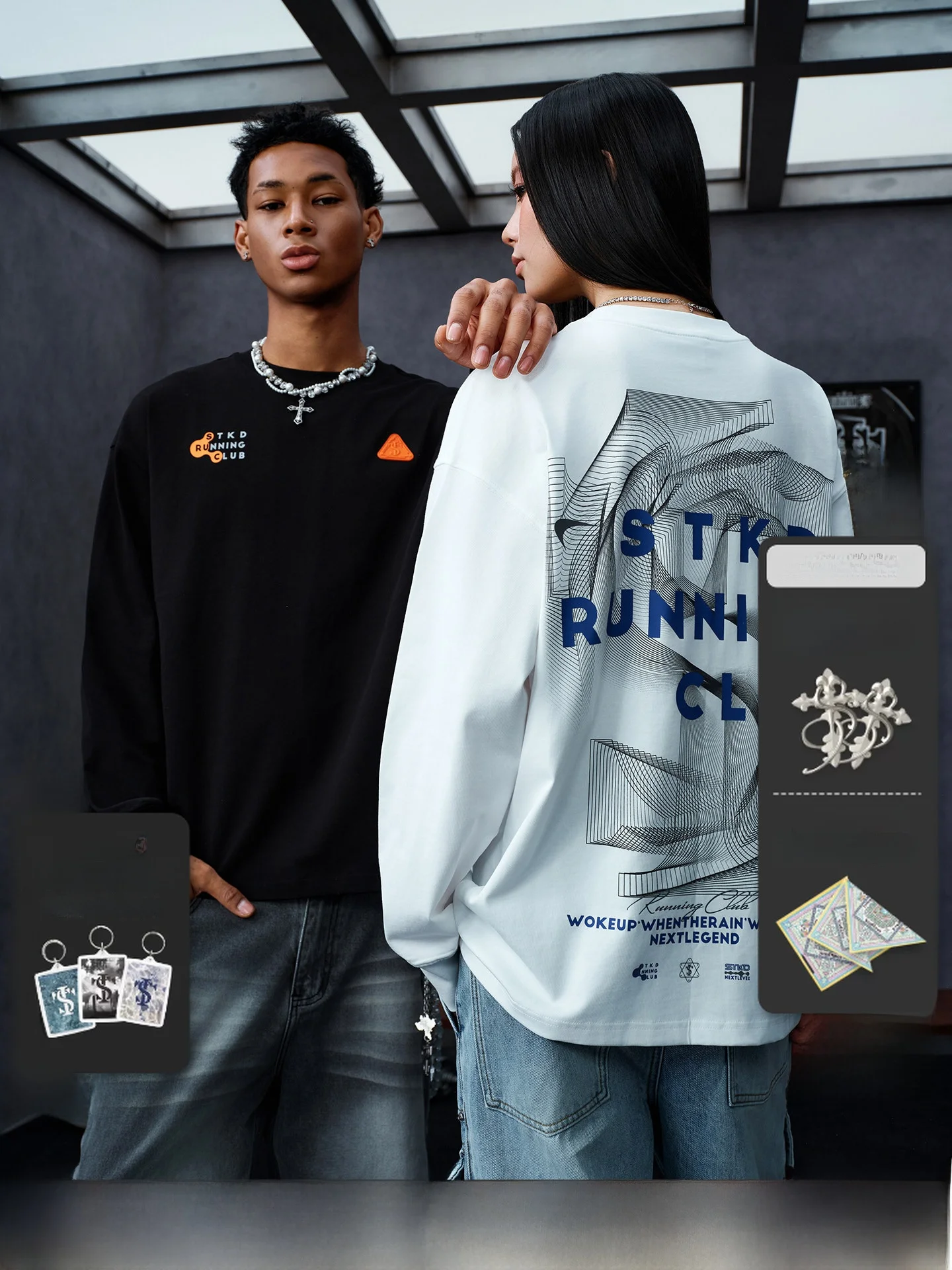 STK SmallTownKid Outdoor Sports Phantom Line Long Sleeve T-Shirt Street Casual Style Top Trendy Personality Cotton Sweatshirt