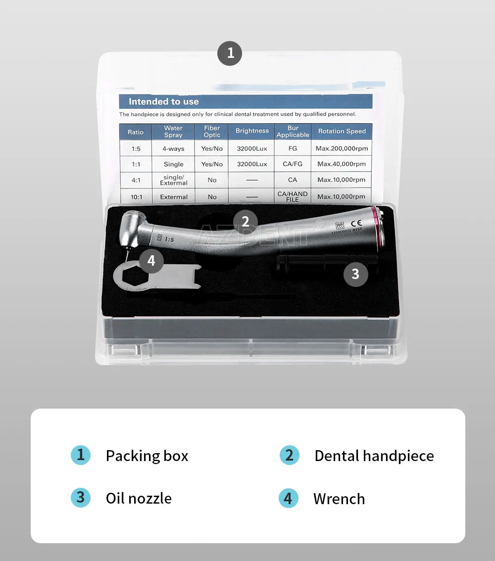 AZDENT Dental 1:5 Winkelstück mit Faseroptik-LED, Niedriggeschwindigkeits-Handstück, Druckknopf, interne 4 Sprays, Zahnarztinstrument – Detail 9