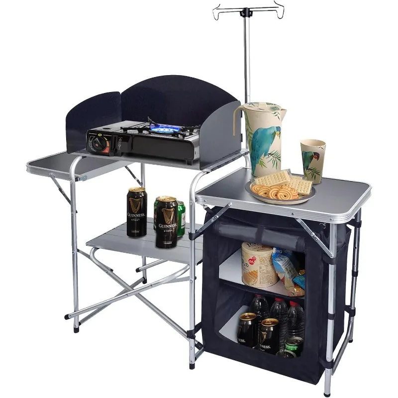 

Folding Cooking Table Outdoor Portable Cook Station Aluminum Camping Kitchen with Storage Organizer (Black)