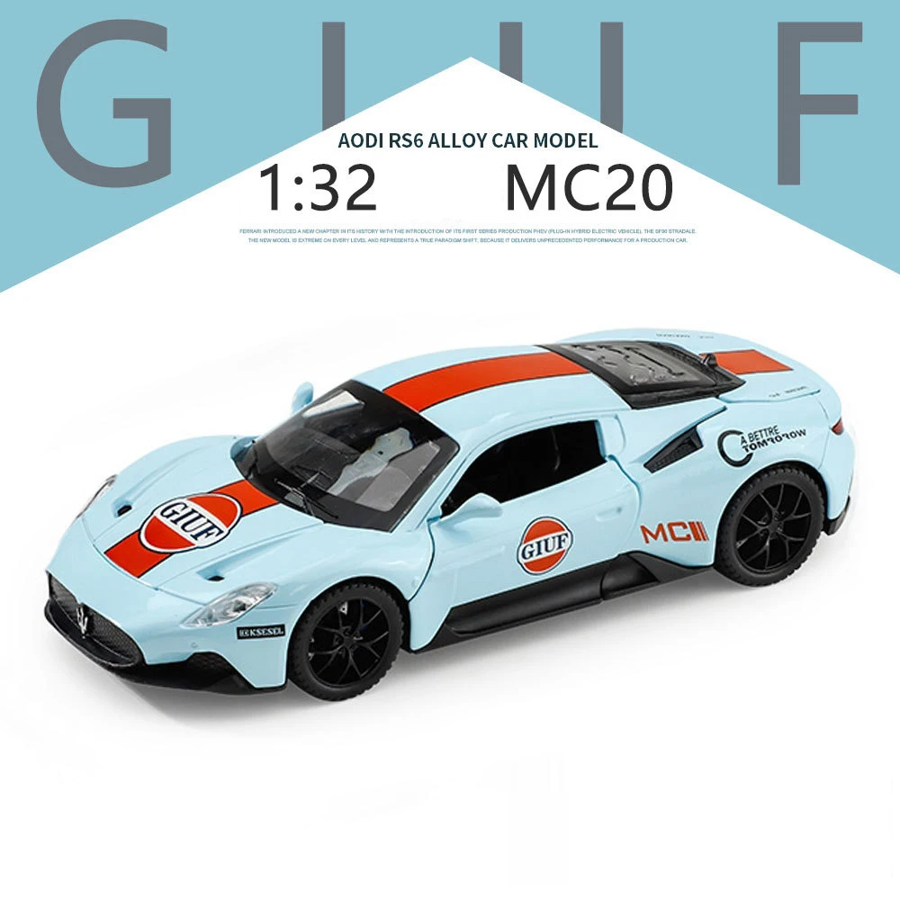 1:32 Maserati MC20 Gulf Edition Alloy Car Model Diecasts Toy With Sound and Light Vehicles Decoration Toys For Kids Gift