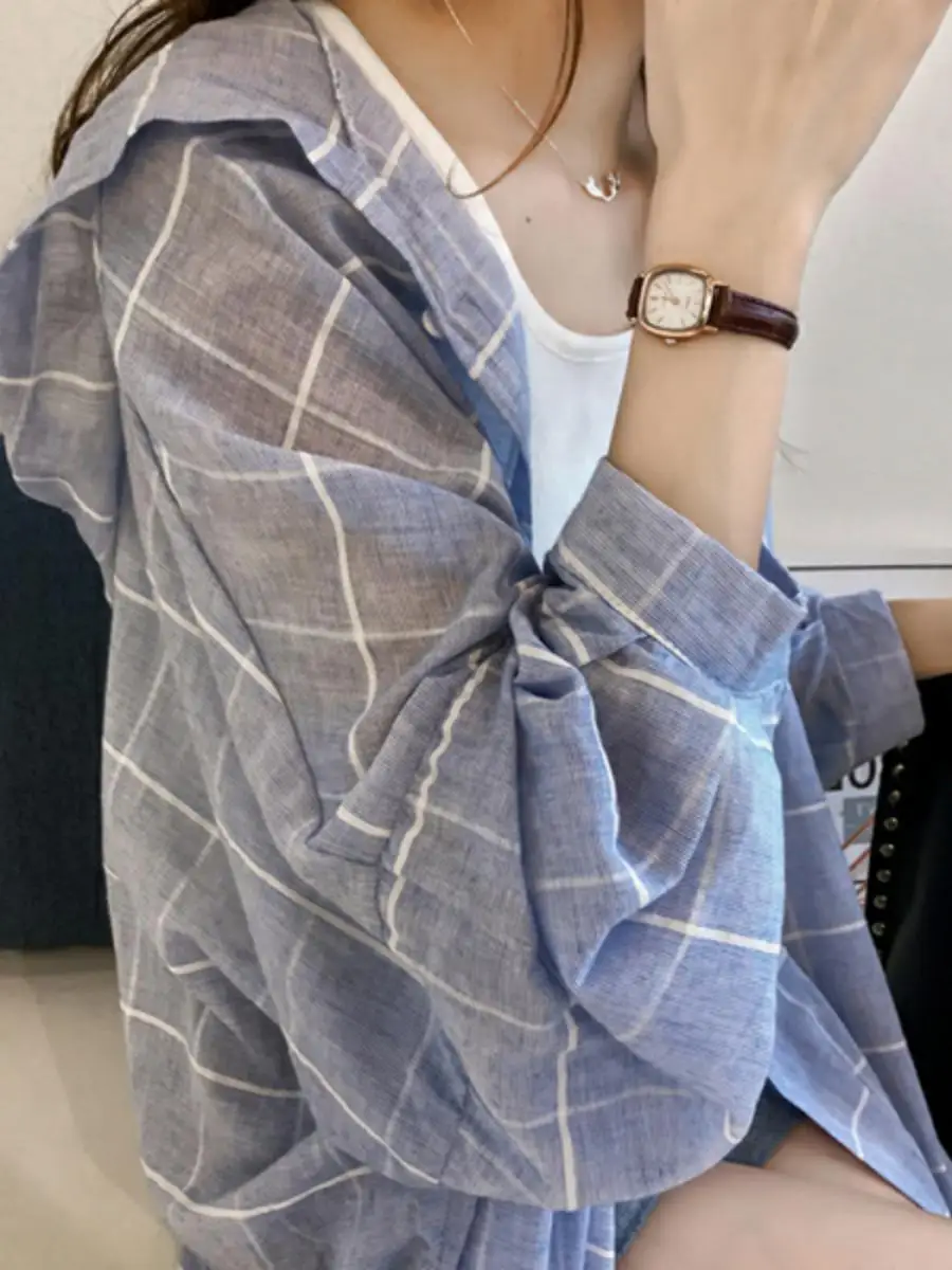 Women's Summer BF Loose Plaid Shirt Thin Outerwear Midi Length Checkered Pattern Button up Long Sleeve Straight Cut Coat