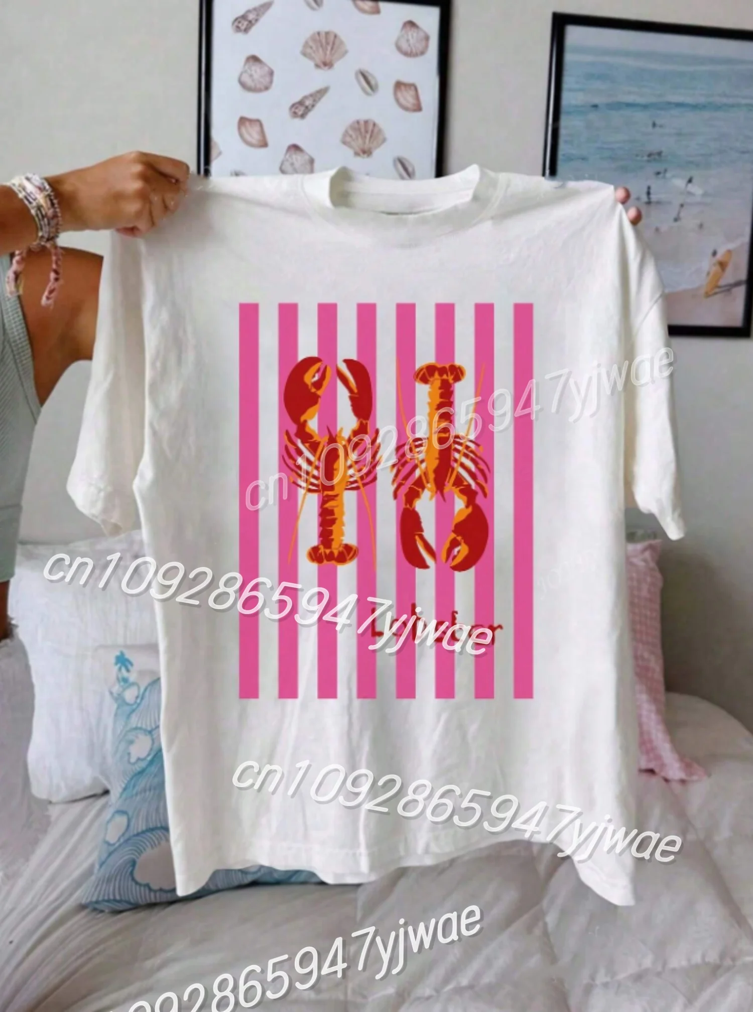 

Летняя женская футболка, женская повседневная футболка с круглым вырезом и коротким рукавом в полоску с омаром, летняя пляжная одежда для отдыха, дизайнерские футболки