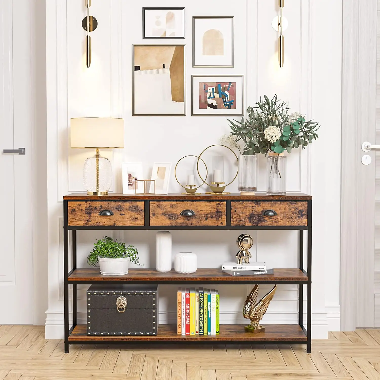 

Long 47" Console Sofa Table with 3 Drawers, Entryway Table with 3-Tier Storage Shelves, Industrial Display Shelf , Rustic Brown