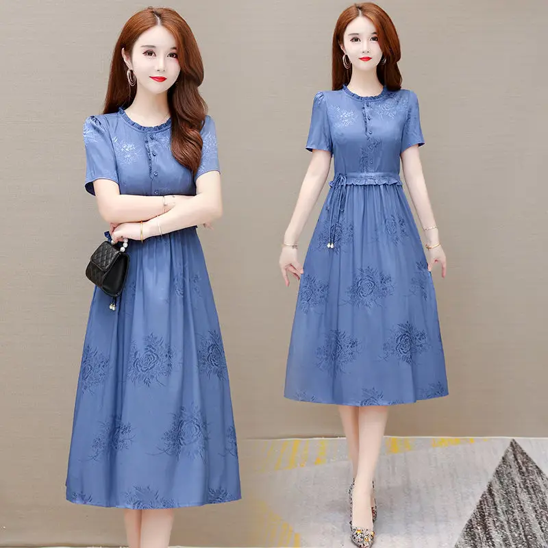 Vestito dalla fasciatura di moda Estate Nuove donne Manica corta Abito a trapezio High End Elegante fiore sottile Abiti femminili 4XL Y1216