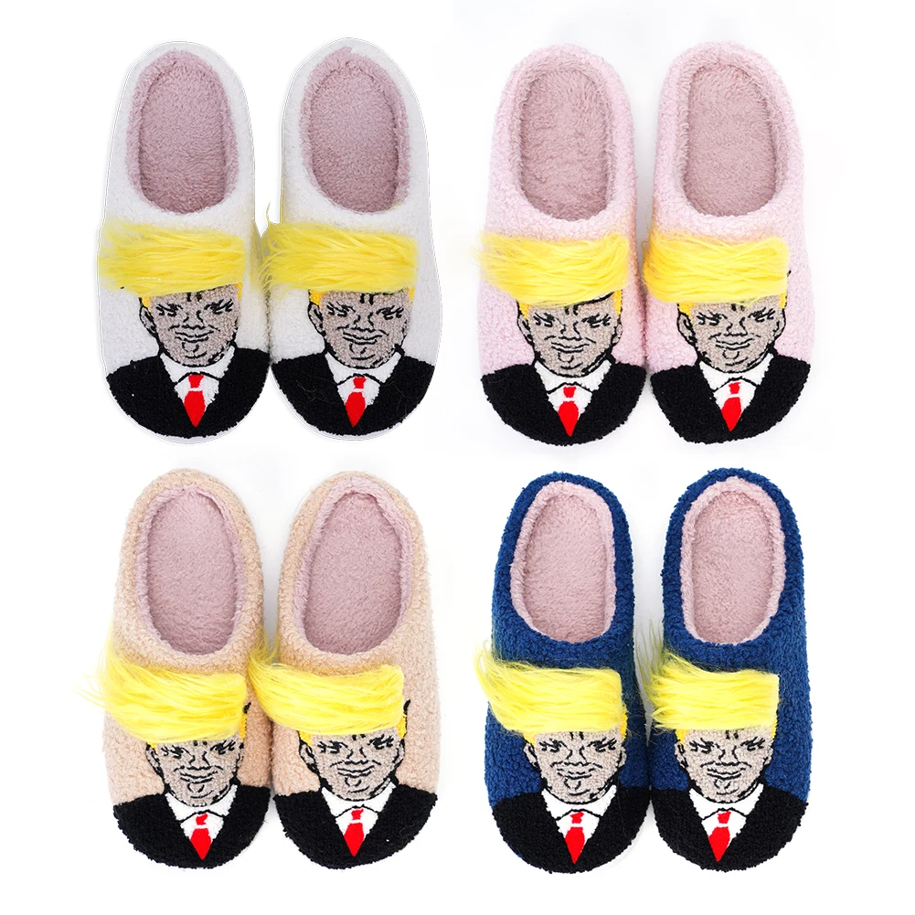 Plush Trump Wig Slippers Closed Toe Slippers Non-Slip Warm Slip-on House Shoes Funny Thermal Slippers for Home Bedroom