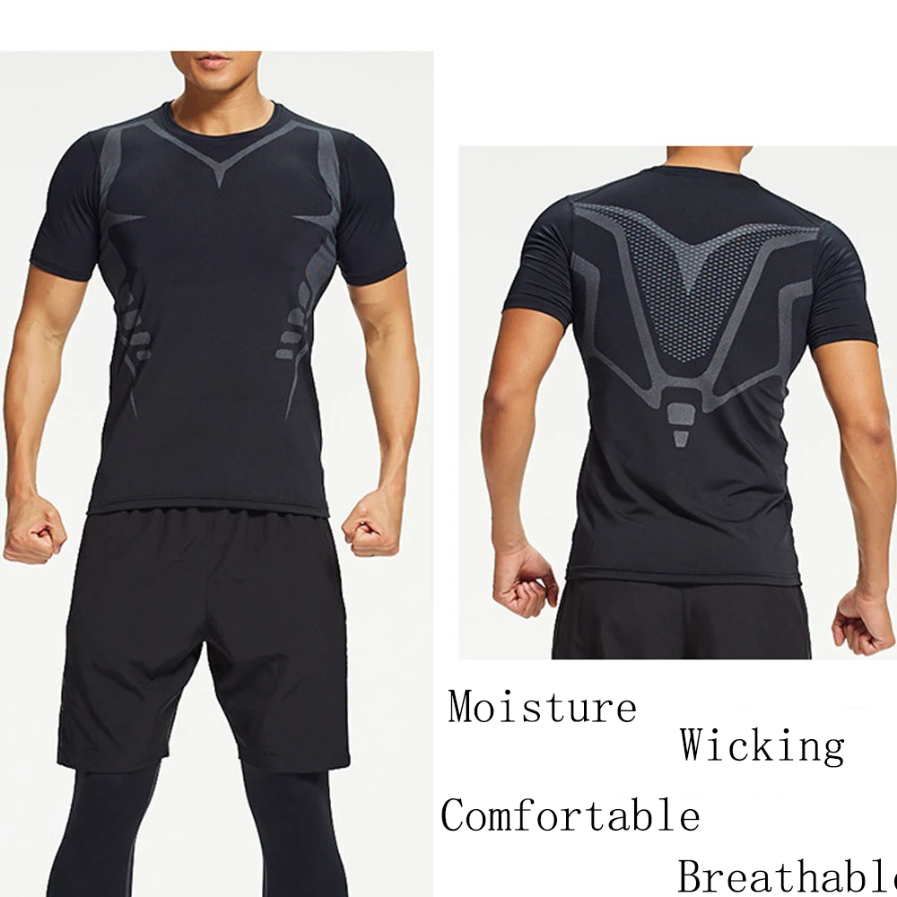 Men\'s Running Compression Shirts Short Sleeve Sport Gym Tees Fitness Quick Dry Sweatshirt Jogging Tracksuit Athletic Shirt Tops