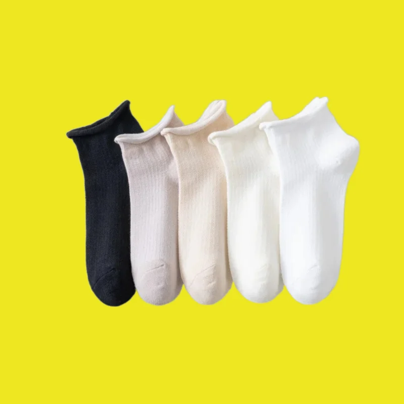 

5/10 Pairs Deodorant Ladies Short Tube Curled Socks Lace White Socks Pure Cotton Summer Thin Breathable Sweat-absorbent Socks