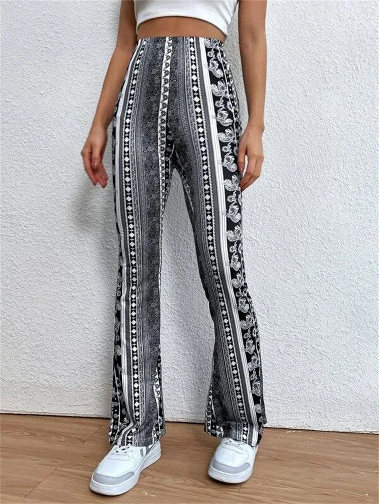 Bohemian style wide-legged pants women's high elastic tight micro-flare sexy printed high-waisted commuter casual dual-use pants