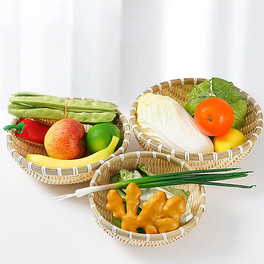 3pcs Bamboo Woven Baskets Vegetable Tea Cake Food Storage Baskets Natural Handmade Round Square Kitchenware Home Decoration