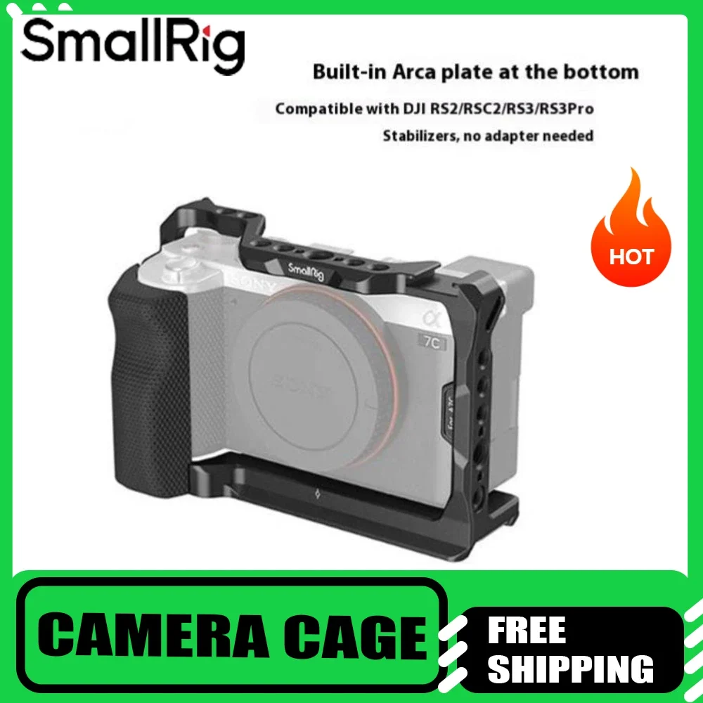 قفص كاميرا صغير الحجم مع مقبض جانبي من السيليكون لهاتف Sony A7C مع فتحات تحديد موقع لوحة ARRI سريعة الإصدار Arca والحذاء البارد