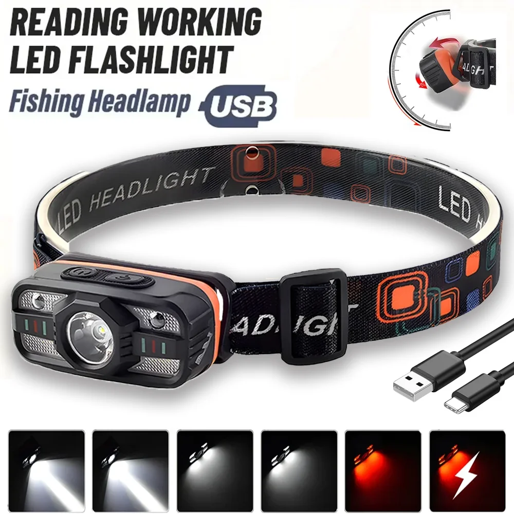 Lampada frontale a LED portatile Luce ricaricabile tramite USB con batteria incorporata 6 modalità di illuminazione Torcia da testa da pesca Lanterna da campeggio esterna