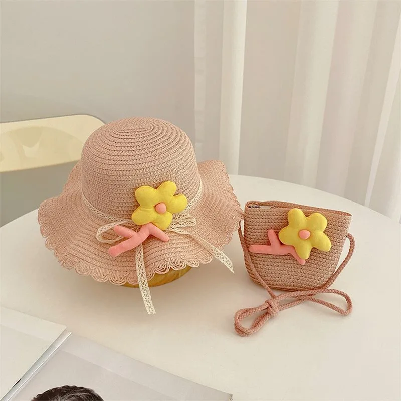 2024 New Summer Girls Straw Hat Set Handbag New Flower Sun Hat Straw Hat Sun Hat Children Girl Baby Straw Hat  sombrero 모자