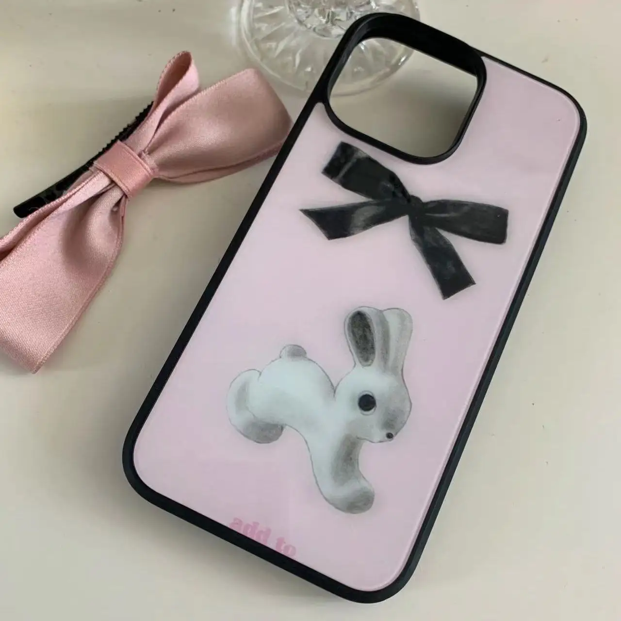 Funda de teléfono de conejo Rosa Kawaii coreano para IPhone 14 11 12 13 Pro Max, funda de teléfono de dibujos animados con lazo de moda para IPhone XR XS MAX