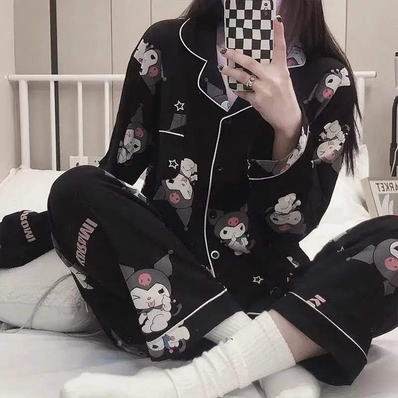 Kawaii Pajamas Set Sanrio Kuromi Anime Cute Cartoon Cotton Pants Casual Sexy Long-Sleeved Home Wear Cloth Girls Festivals Gifts