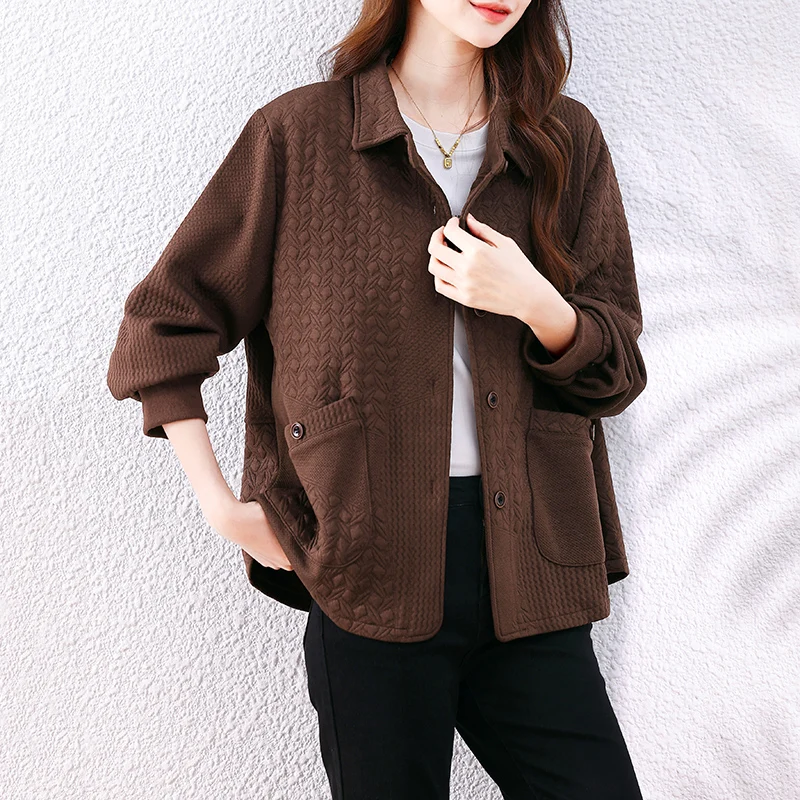 플러스 사이즈 여성용 면 자켓 단색 플립 칼라 자수 탑 다용도 패셔너블 봄 가을 착용