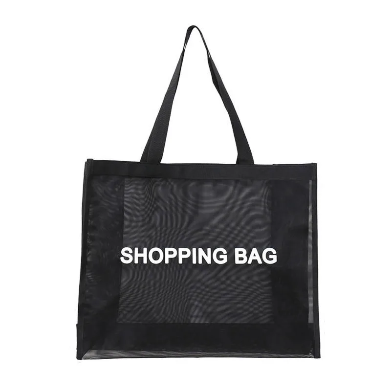 1PC Shopping Black Letters Simple Tote Net Bag Multi-functional Shoulder Bag For Beach Vacation Wash Storage High Quality